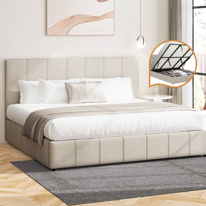 Oikiture Bed Frame Gas Lift Beige Fabric- King