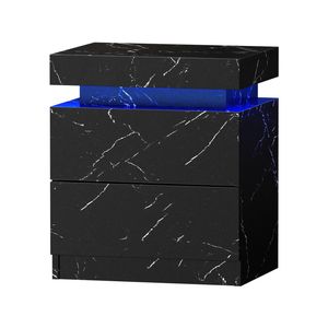 Oikiture Bedside Table 2 Drawers LED Marble Effect Black