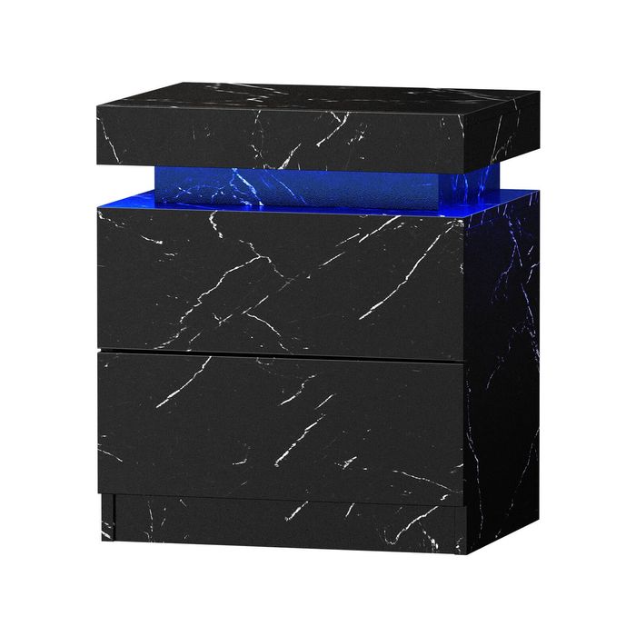 Oikiture Bedside Table 2 Drawers LED Marble Effect Black