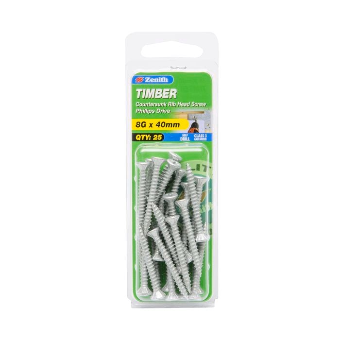 Zenith 8G x 40mm Galvanised Countersunk Rib Head Timber Screws - 25 Pack