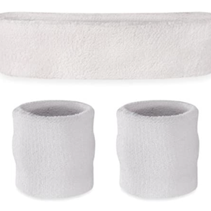 WRISTBAND & HEADBAND SET Tennis Terry Towelling Cotton Sweat Band Team Gym  White