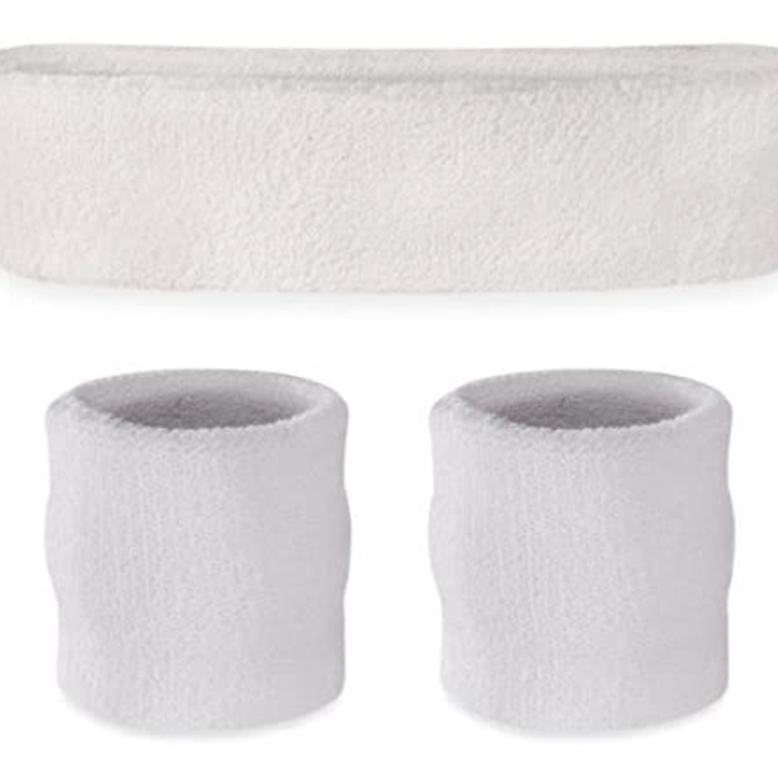 WRISTBAND & HEADBAND SET Tennis Terry Towelling Cotton Sweat Band Team Gym  White