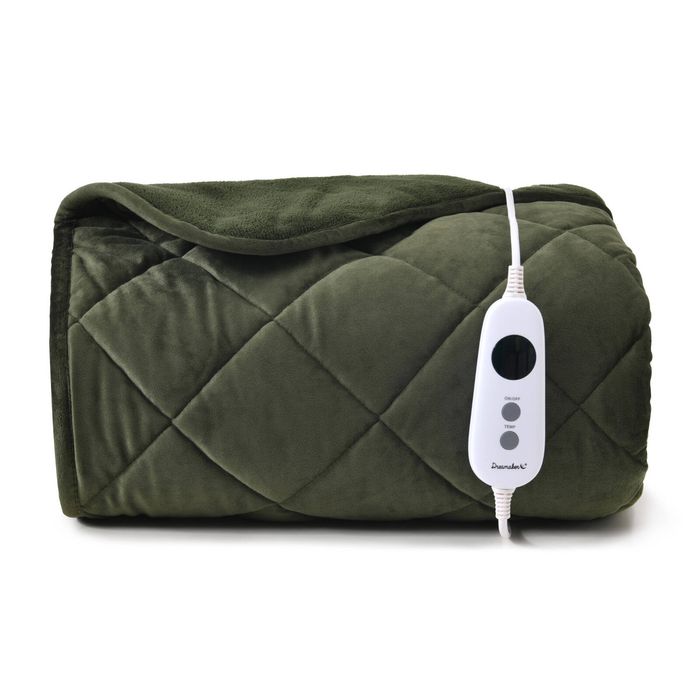 Dreamaker Haven Velvet Quilted Electric Heated Throw Blanket Olive 130x160cm | Overheat Protection & Auto-Off & Machine Washable