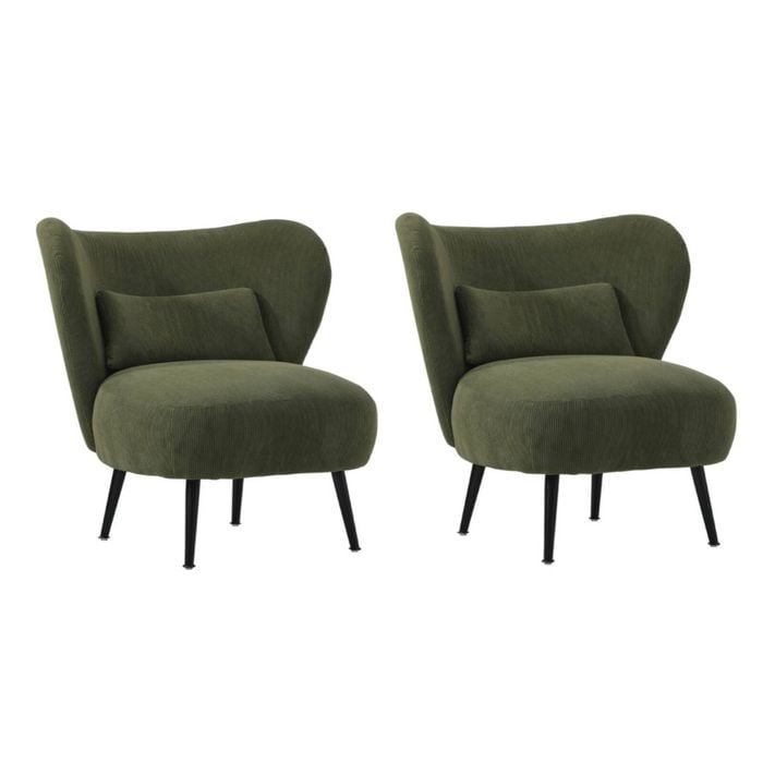 Oikiture 2x Armchair Lounge Chair with Lumbar Pillow Wingback Velvet Green