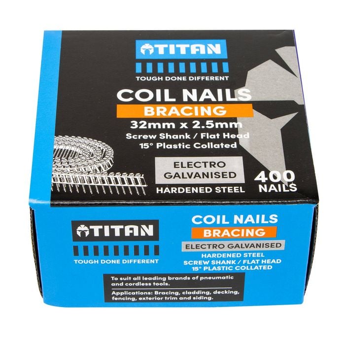 Titan 32 x 2.5mm Hardened Electro Galvannised Collated Coil Nail Screw - 400 Pack