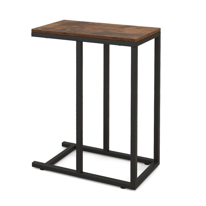 Costway 64cm C-shaped End Table Metal Frame Bedside Table Brown