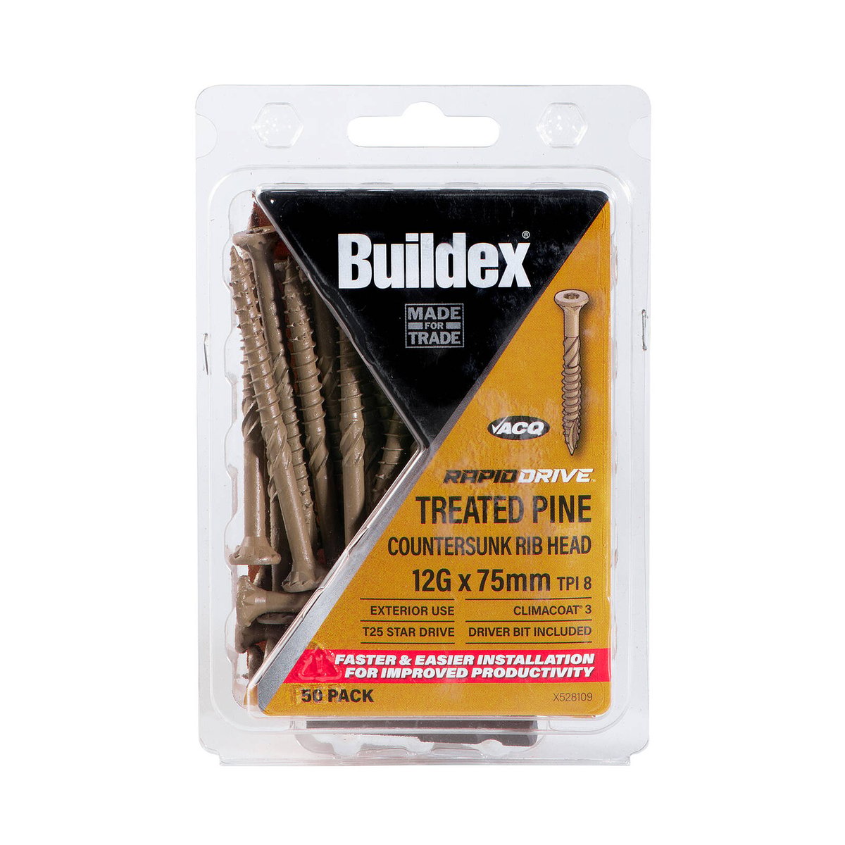 Buildex RapidDrive Treated Pine Screws 12G x 75mm Climacoat - 50 Pack ...