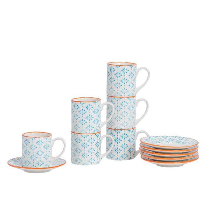 Nicola Spring Patterned Espresso Cup and Saucer Coffee Set - 65ml - Set of 6