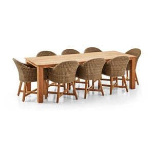 Barbados Outdoor Teak 2.4m Rectangle Dining Table Brushed Wheat With 8 Coastal Wicker Chairs & Cream Cushions
