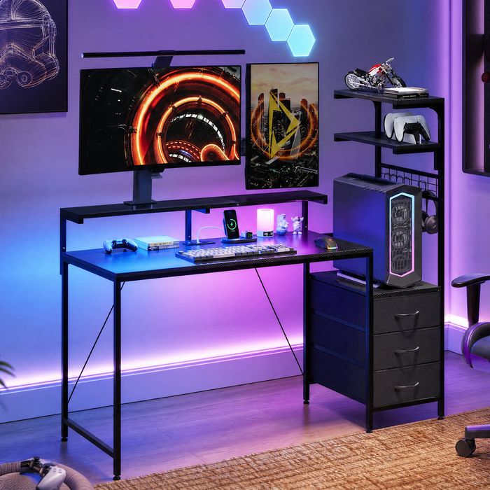 Advwin 179cm Gaming Desk with LED Lights & Outlets Reversible Computer Desk