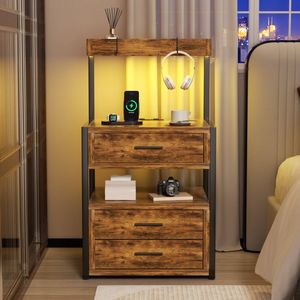 Advwin Bedside Table With Charging Station And Led Lights 3 Drawers And Top Storage Groove Walnut