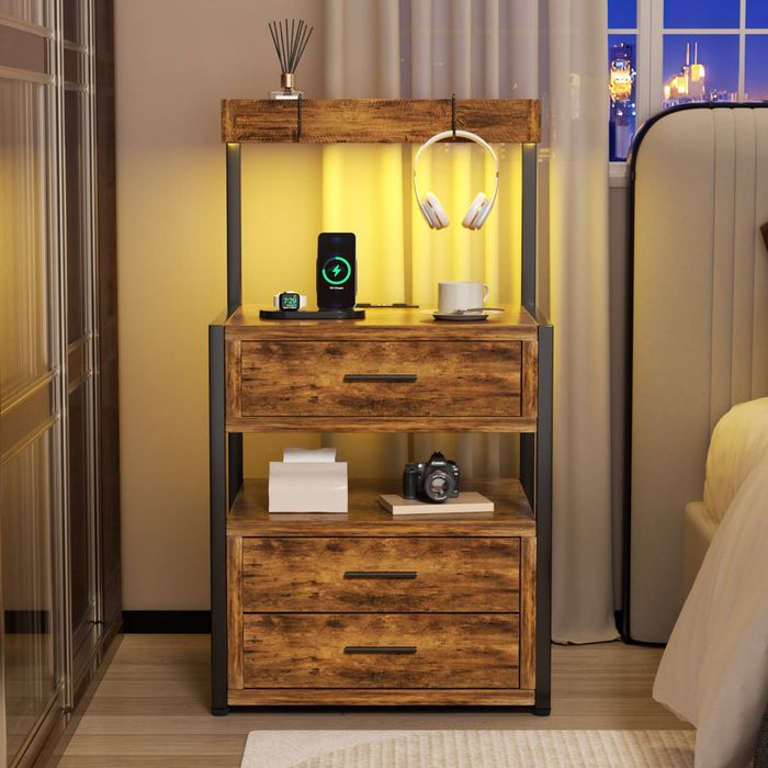 Advwin Bedside Table With Charging Station And Led Lights 3 Drawers And Top Storage Groove Walnut
