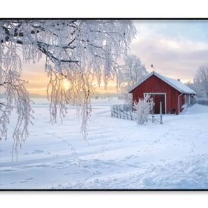 Winter View Of Red Barn at Sunset  Print 100% Australian Made 120x90cm  (Poster)