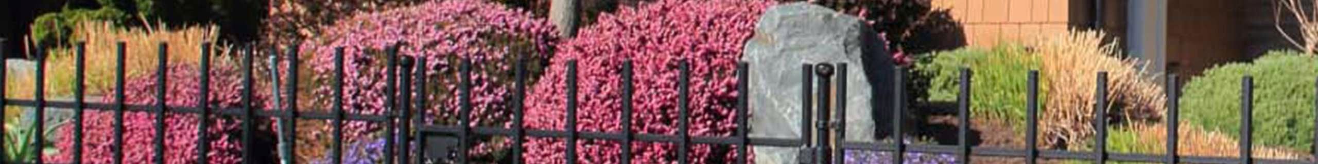 Black temporary fencing installed in-front of a house and garden bed filled with greenery and flowers.