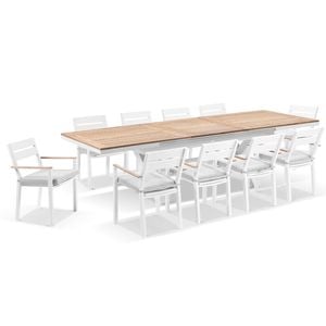 Austin Outdoor 2.2m - 3m Extension Teak Timber and Aluminium Table with 10 Capri Dining Chairs White - Textured Olefin Grey