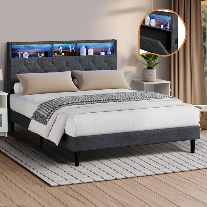 Oikiture Bed Frame Queen Size With LED Storage Headboard