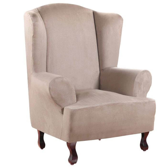 Smarcute Suede Wing Chair Cover 1 Piece Stretch Thick Sofa Slipcover Sand