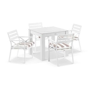 Hugo Outdoor 4 Seater Ceramic & Aluminium Dining Table White With Kansas Chairs Sunbrella Beige Cushions
