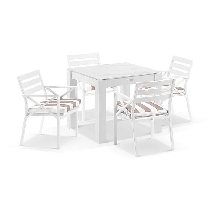 Hugo Outdoor 4 Seater Ceramic & Aluminium Dining Table White With Kansas Chairs Sunbrella Beige Cushions