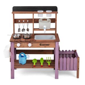 Costway Kid Wood Mud Kitchen Set Play Accessories Pretend Toy Purple
