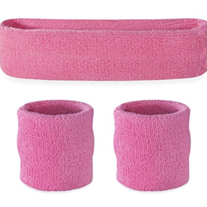 WRISTBAND & HEADBAND SET Tennis Terry Towelling Cotton Sweat Band Team Gym  Light Pink