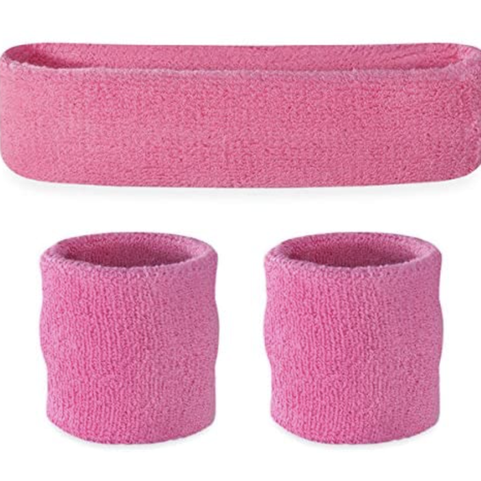 WRISTBAND & HEADBAND SET Tennis Terry Towelling Cotton Sweat Band Team Gym  Light Pink