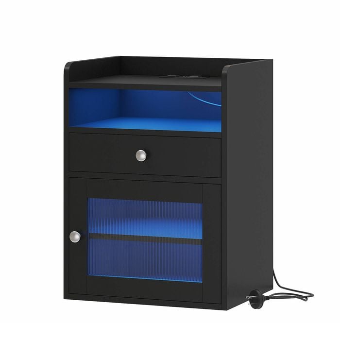 Advwin Bedside Table Acrylic Door With with Charging Station & LED Light, Black