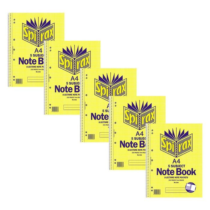 5x Spirax 596 5 Subject A4 Notebook School Stationery 250 Pages 7mm Ruled Yellow