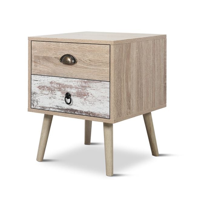 Luka 2 Drawer Bedside Table White Washed and Oak