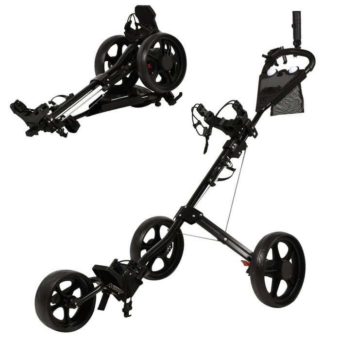 Advwin Golf Push Cart, Foldable 3-Wheel Golf Cart with Adjustable Handle, Foot Brake, Umbrella Holder & Mobile phone holdera