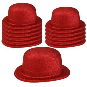 12x GLITTER BOWLER HAT Fancy Party Plastic Costume Cap Fun Dress Up Sparkle BULK Red