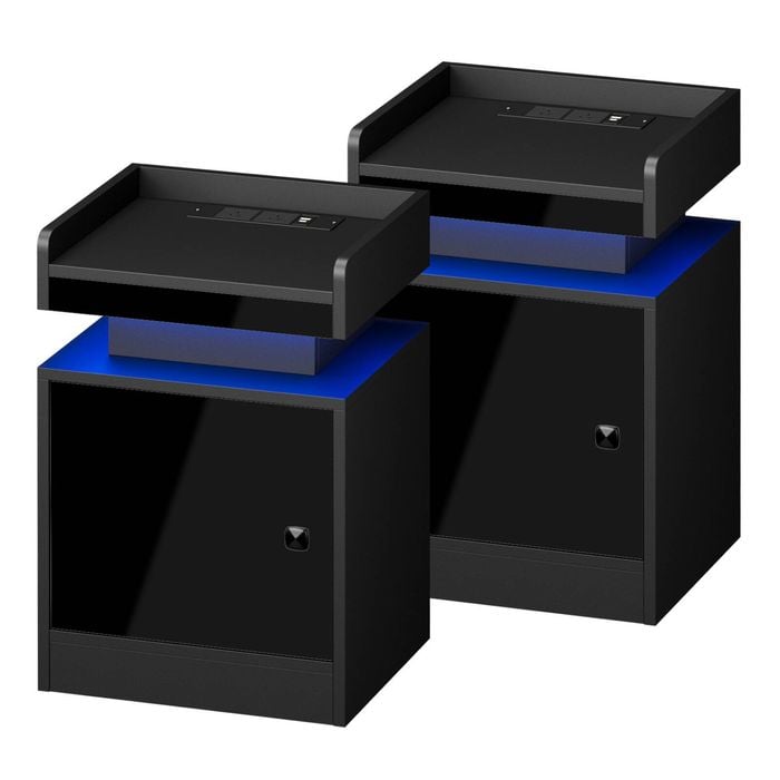 Oikiture Set of 2 Bedside Table LED Nightstand USB Charging Station Black