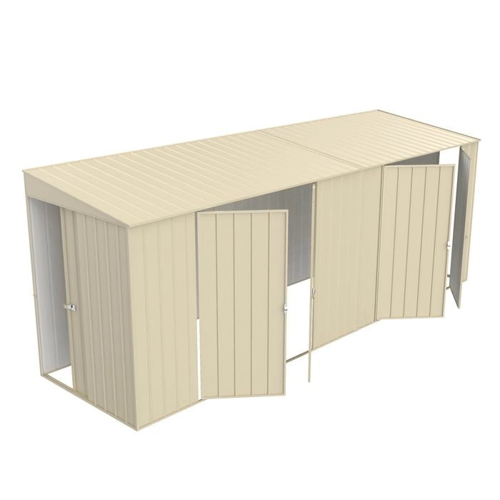 Build-a-Shed 1.5 x 5.2 x 2.0m Cream Tunnel Shed Tunnel Sliding Door Plus Dual Double Hinged Side Doors
