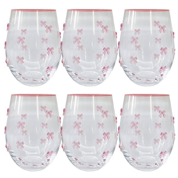 6PK Urban Kaya Bows Stemless Wine Drinking Glass 520ml 12cm Pink