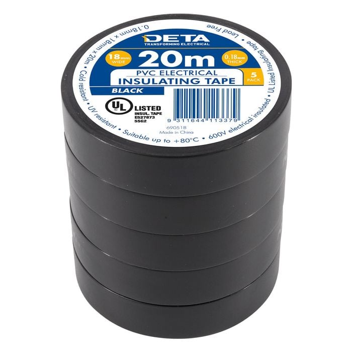 DETA 20m 18mm Black Insulation PVC Tape - 5 Pack