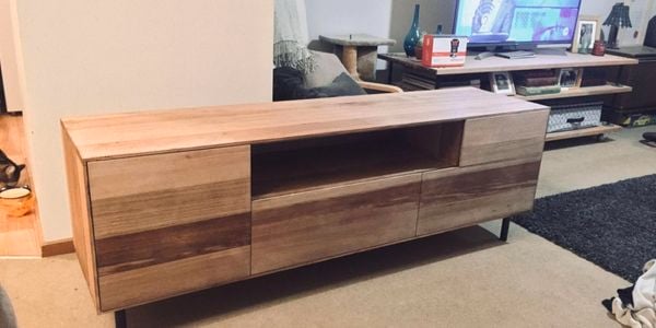 A D.I.Y. timber entertainment unit in a living area