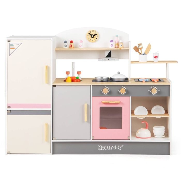 Costway Kids Pretend Play Kitchen Wooden Toy Set Kitchen Cooking Sink Playset Pink