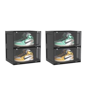 Soga 2x 2-tier Black Shoe Organiser Stackable Folding Storage Box Magnetic Door