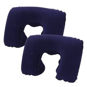 Catzon 2 Pcs Inflatable U-Shaped Pillow Flocked Fabric-Dark Blue