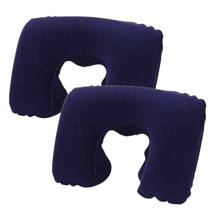Catzon 2 Pcs Inflatable U-Shaped Pillow Flocked Fabric-Dark Blue