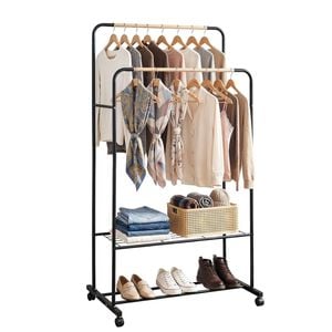 Artiss Clothes Rack Hanging Rail Wheels Double Rod Shelf