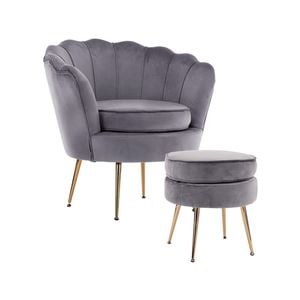 La Bella Shell Scallop Grey Armchair Accent Chair Velvet + Round Ottoman Footstool