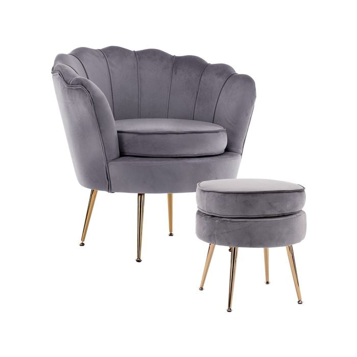 La Bella Shell Scallop Grey Armchair Accent Chair Velvet + Round Ottoman Footstool