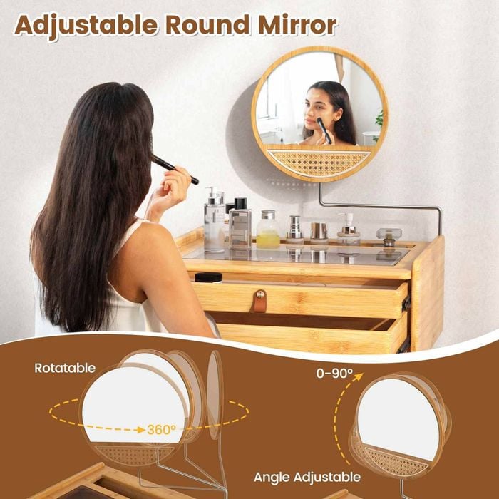 Costway Bamboo Vanity Table Adjustable Mirror Makeup Table Dressing Table Tempered Glass Tabletop w/2 Drawers
