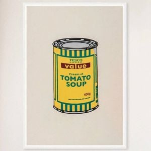 Galrie Banksy Soup Can Yellow Emerald Brown Poster - Iconic 2006 Art Print, White Frame, A4 21 x 30cm (8 x 12inch)