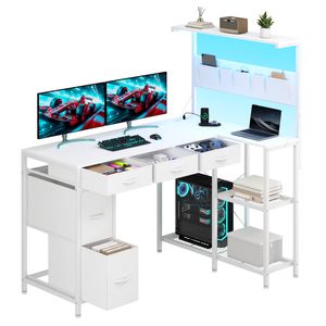 Ufurniture 120 cm L Shaped Computer Desk with Reversible Storage Bookshelf and 5 Drawers White