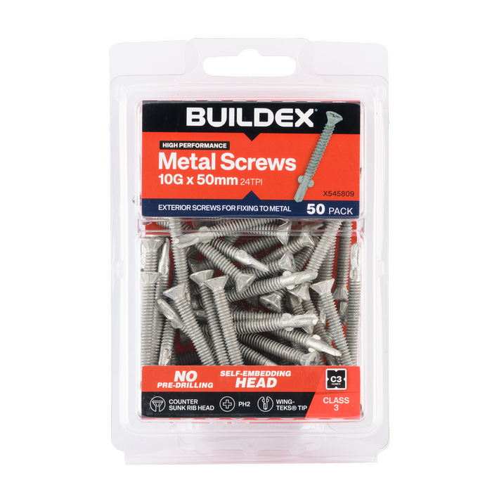Buildex 10G x 50mm Class 3 Sheet Metal Screws (Countersunk Rib Head) - 50 Pack