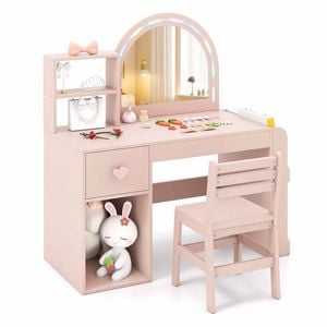 Costway Kids Vanity Set Princess Makeup Dressing Table Chair Set Pink