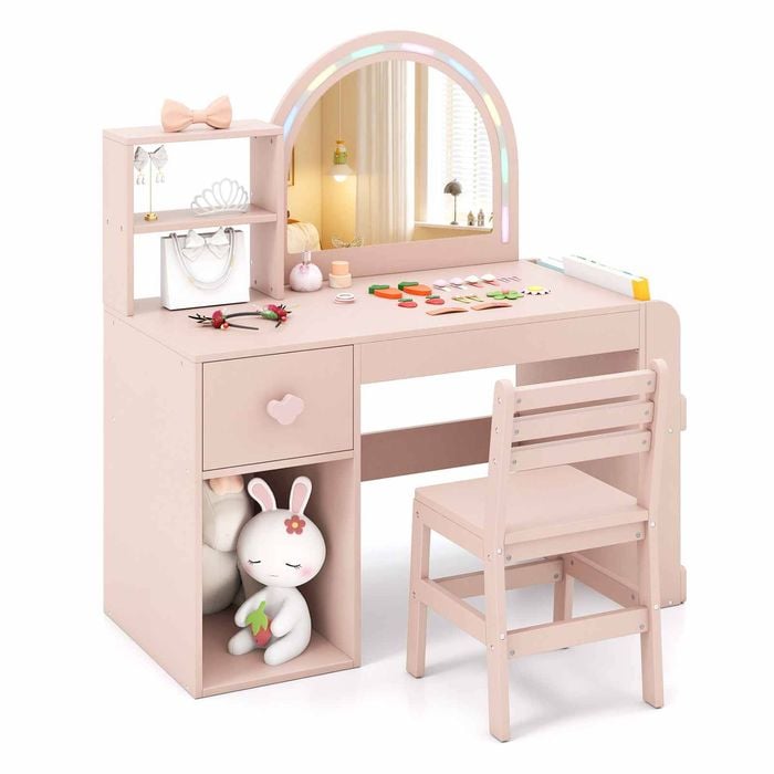 Costway Kids Vanity Set Princess Makeup Dressing Table Chair Set Pink