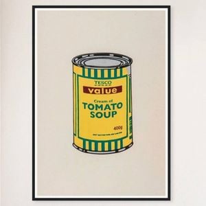 Galrie Banksy Soup Can Yellow Emerald Brown Poster - Iconic 2006 Art Print, Black Frame, A2 42 x 60cm (16 x 24inch)